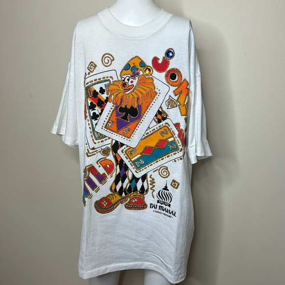 Vintage 80s Trump taj mahal clown glitter tshirt approx L - Picture 2 of 9